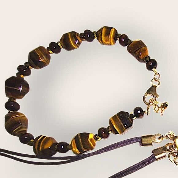 Handcrafted Necklace / Bracelet Tigers Eye Stones Glass Agate Gold Chain Jewelry - Picture 3 of 5